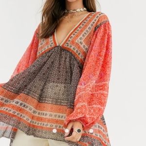 FREE PEOPLE Orange Metallic Aliyah Tunic Blouse